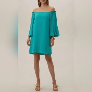 TRINA TURK Knox Off The Shoulder Crepe Dress 3/4 Bell Sleeve Turquise, NWT